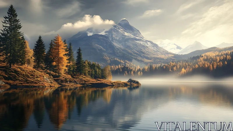 Mountain lake reflects conifer forest and distant snow peaks