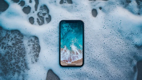 Smartphone lying in seawater with ocean wave wallpaper.