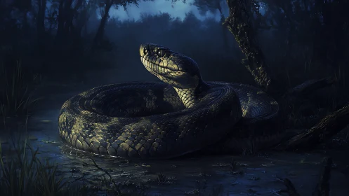 Nocturnal constrictor coiled in bioluminescent wetland gloom.