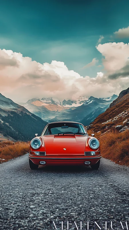 Crimson classic car pausing on a quiet mountain road.