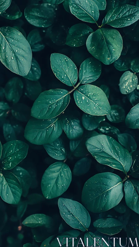 Quiet forest leaves kissed with soft morning raindrops.