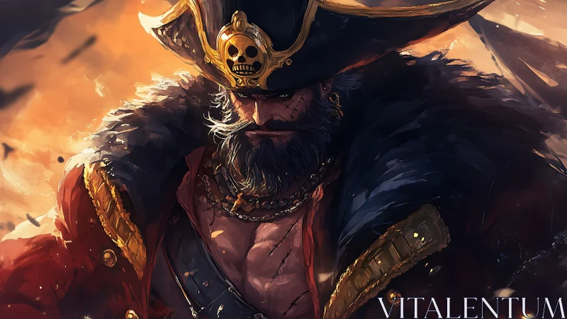 Pyroclastic corsair commander in baroque naval regalia.