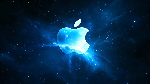 Glowing apple emblem floats in a deep blue cosmic nebula