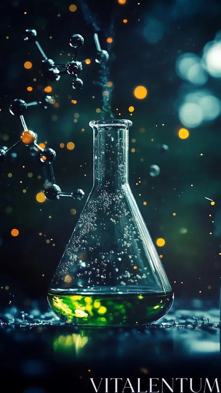 Photorealistic lab flask with molecular structures in bokeh field.