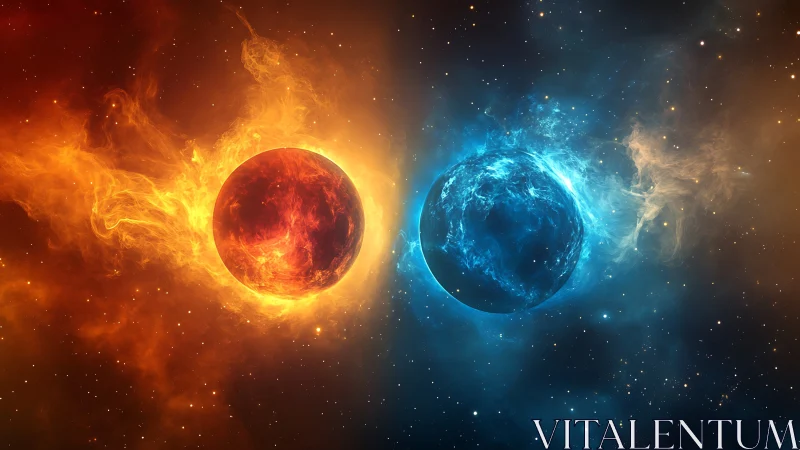 Fiery and icy twin planets drift in a glowing cosmic embrace