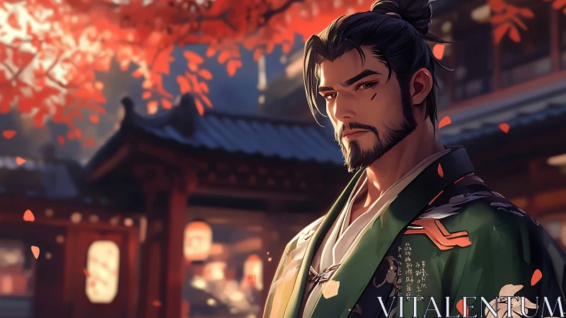 Samurai warrior under autumn maple in warm sunset light.