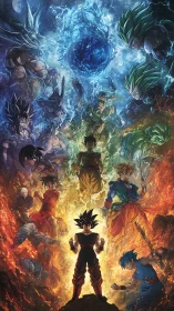 Fiery anime heroes gathered beneath a swirling cosmic storm.