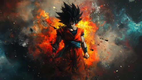 Dynamic anime warrior amid explosive chromatic energy field.