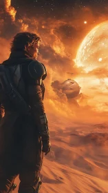 Armored wanderer watches twin worlds above burning dunes.