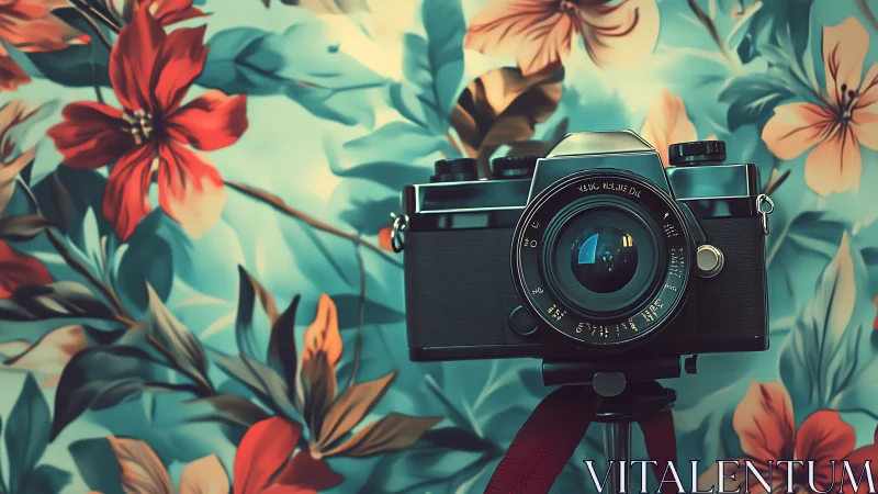 Vintage film camera stands before lush floral backdrop.