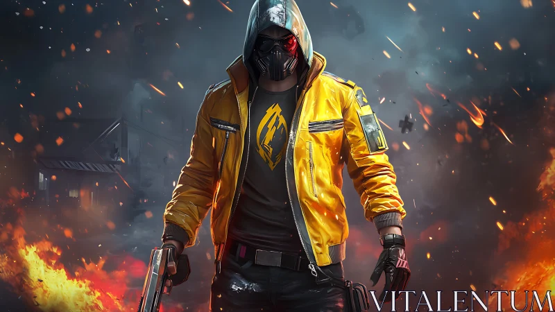 Masked cyberpunk gunfighter in burning urban battlefield.