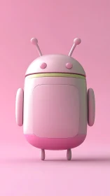 Pink android mascot stands centered in soft studio light.
