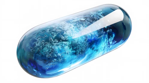 Futuristic blue capsule with swirling liquid and abstract design.