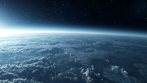 Photorealistic low Earth orbit horizon with cloud deck rendering.