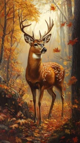 Gentle stag standing quietly in a sunlit autumn forest.