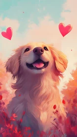 Happy golden retriever surrounded by red hearts and pink flowers