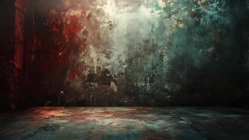 Distressed interior wall and floor with mixed color stains.