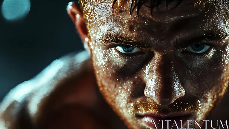High-intensity athlete portrait in dramatic close-up lighting.