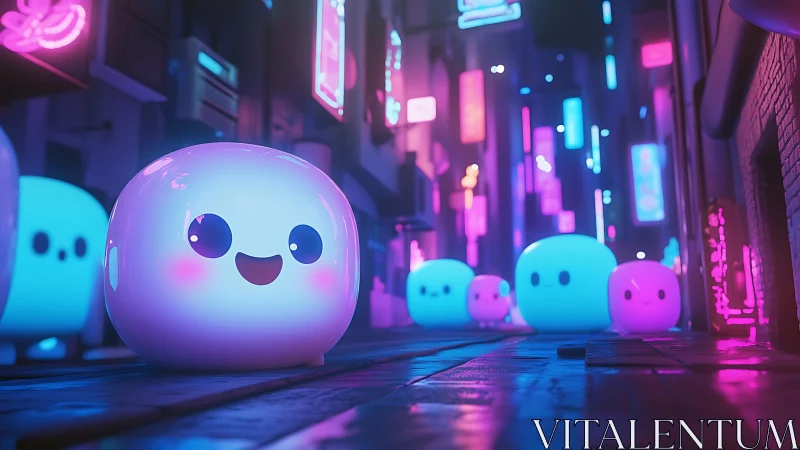 Neon lit alley with glowing blob characters at night scene.