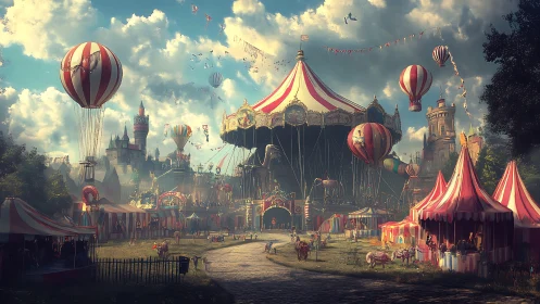 Whimsical steampunk carnival beneath drifting balloons.