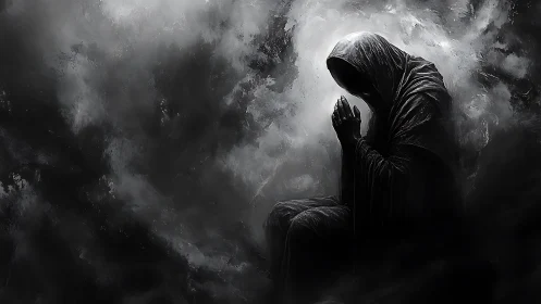 Monochrome cloaked figure in chiaroscuro digital painting.