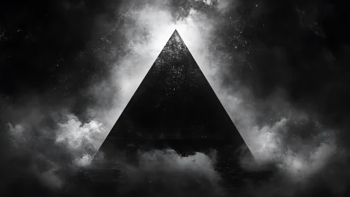 Dark triangular monolith in backlit atmospheric fog.