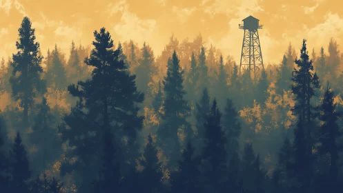 Misty Forest Watch: Golden Hour Among Ancient Pines.