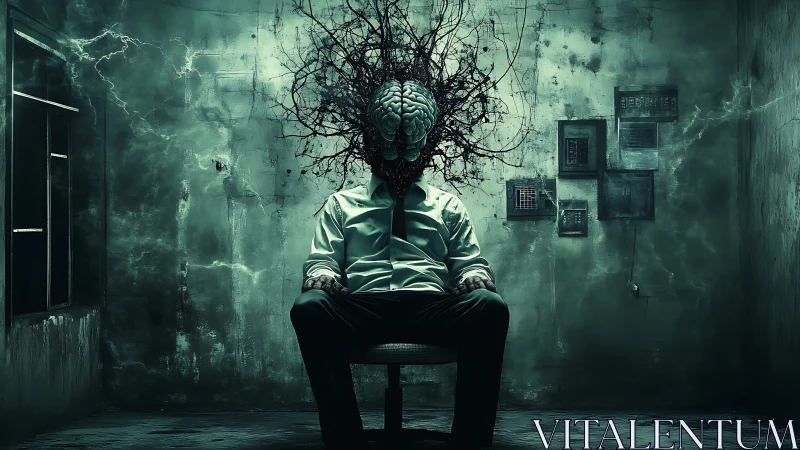 Surreal figure with exposed brain erupts in a decayed room