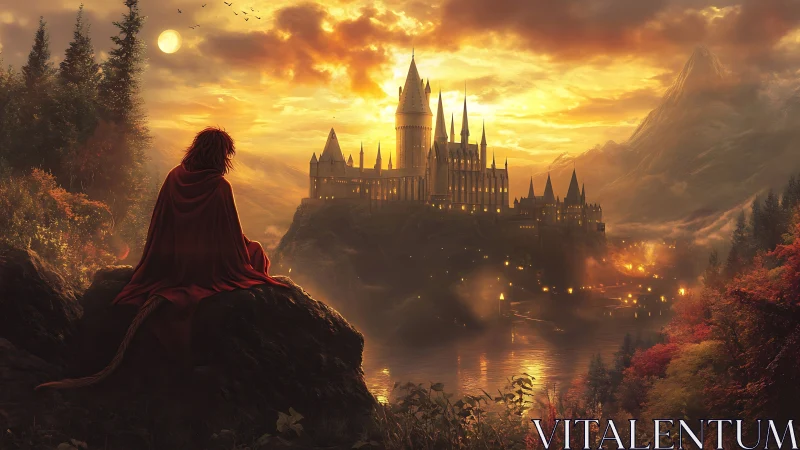 Cloaked feline wanderer overlooking illuminated riverside citadel