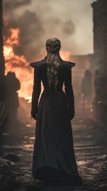 Armored queen stands in burning alley, backlit by structural fire