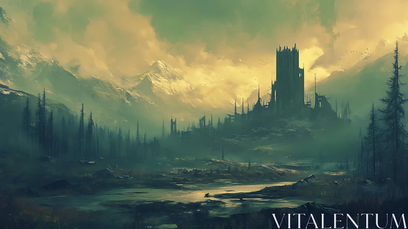 Brooding dark citadel looming over mist-laden valleyscape.