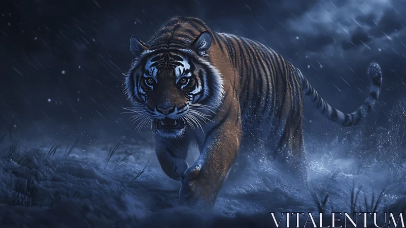 Stalking tiger strides through stormy moonlit snowfield
