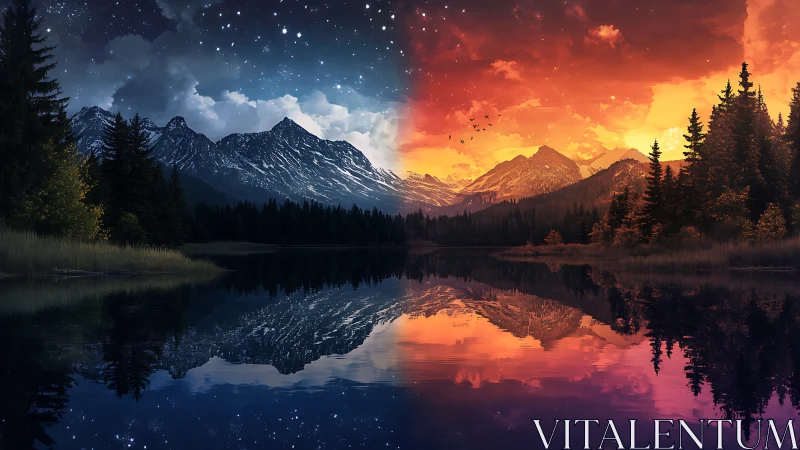 Dreamy mountain lake where night gently meets sunset.