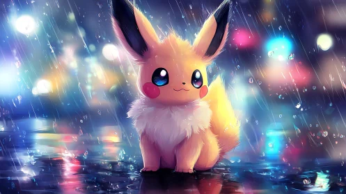 Neon-lit electric creature sitting calmly in city rainstorm.