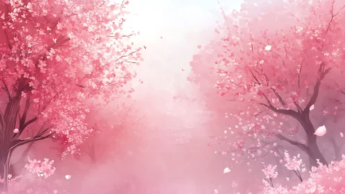 Cherry blossom grove glows in soft pastel spring light.