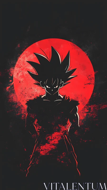 Silhouetted spiky haired warrior against distressed red sun