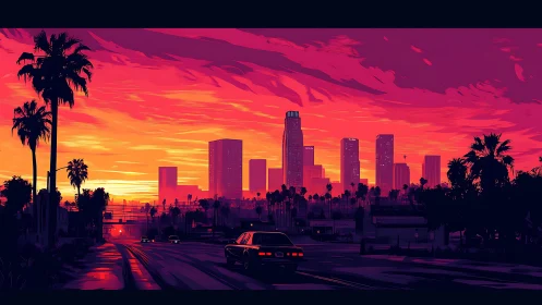 Neon sunset skyline over palm lined urban boulevard.