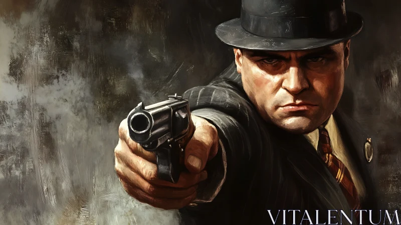 Gritty oil portrait of 1930s mobster aiming revolver at viewer