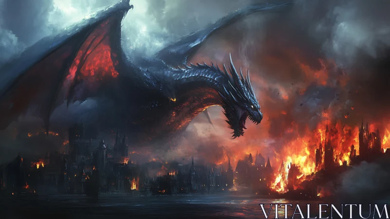 Enormous dragon unleashes fire over a doomed burning city