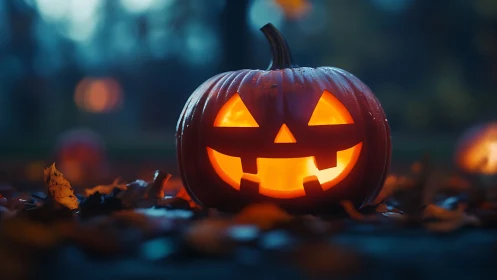 Photorealistic jack o lantern on autumn leaves at dusk.