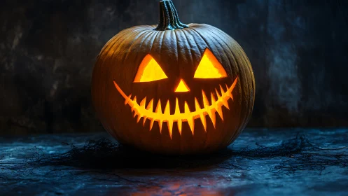 Candlelit jack o lantern with serrated grin on moody stone
