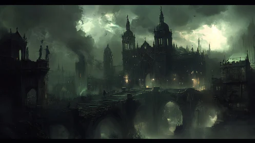 Gothic cathedral dominates a fog shrouded dystopian cityscape