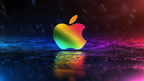 Radiant rainbow apple logo glows gently in a rainy night scene