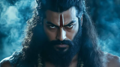 Intense mystic portrait with ritual markings in blue haze.