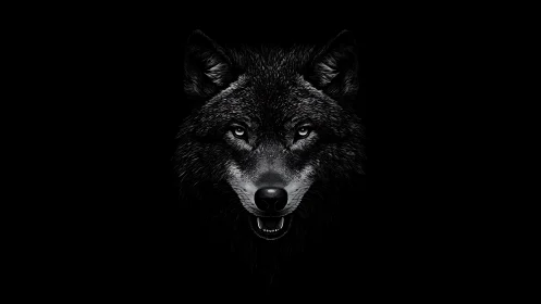 Wolf portrait presents snarling monochrome face on black