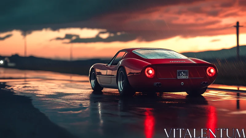 Red classic sports car reflects on wet dusk highway.