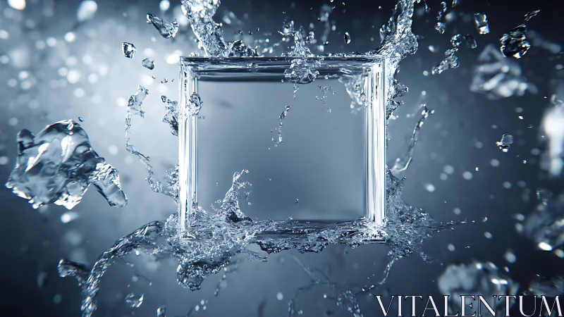 Glass cube disrupts suspended splash in cold monochrome space