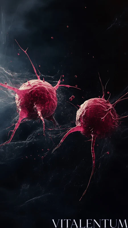 Cancer cells float in dark space, evoking clinical tension