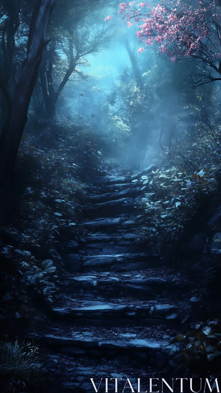 Mystical Forest Path with Pink Blossoms and Blue Light.
