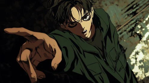 Defiant anime antihero lunges forward through jagged shadows.